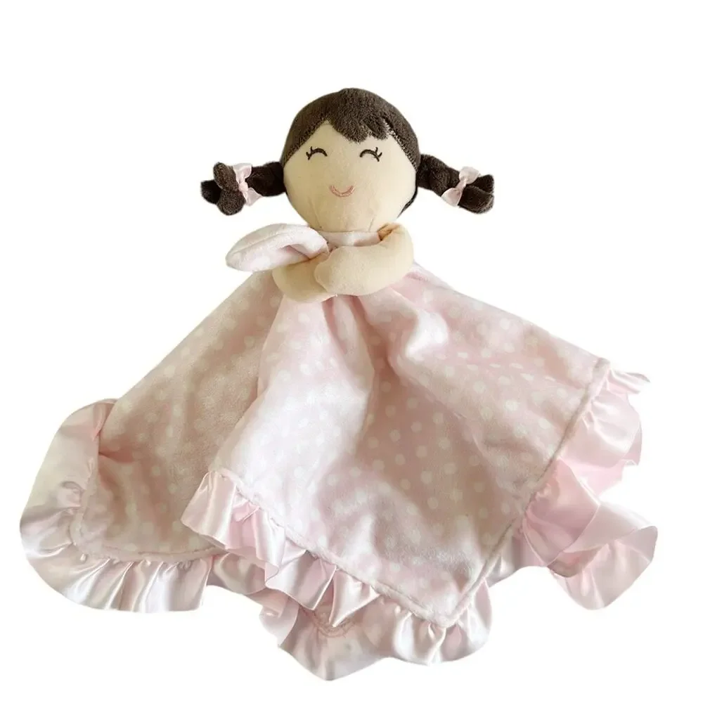 Carters Pink Polka Dots Satin Trim Girl Doll Brown Hair Lovey Security Blanket